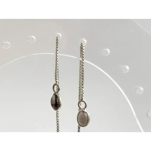 Teardrop Shaped Smoke Glass Threader Style Sterling Silver 925 Dangle Earrings - Picture 4 of 9